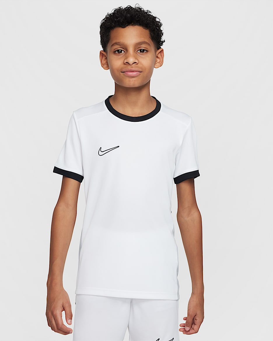 Playera de fútbol de manga corta Dri-FIT para niños talla grande Nike Academy - Blanco/Negro/Gris lobo/Negro