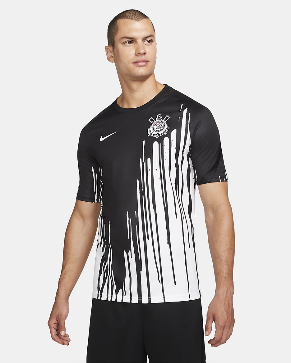 S.C. Playera de fútbol para antes del partido para hombre Nike Dri-FIT Corinthians - Blanco/Negro/Blanco