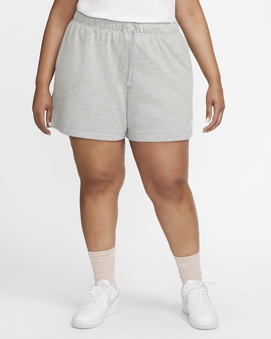 Shorts Nike Sportswear Club Fleece de tiro medio para mujer (talla grande) - Gris oscuro jaspeado/Blanco