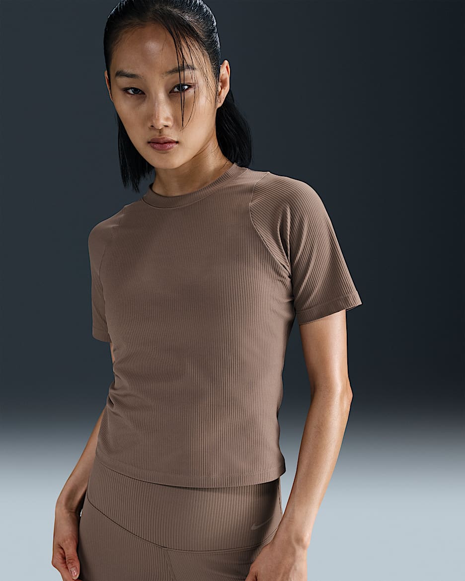 Nike Zenvy Rib Women's Dri-FIT Short-Sleeve Top - Mink Brown/White