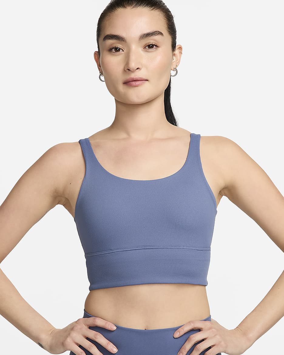 สปอร์ตบราผู้หญิงซัพพอร์ตบางเบาช่วงตัวยาวเสริมฟองน้ำ Nike Zenvy Rib - Diffused Blue/Diffused Blue/ขาว