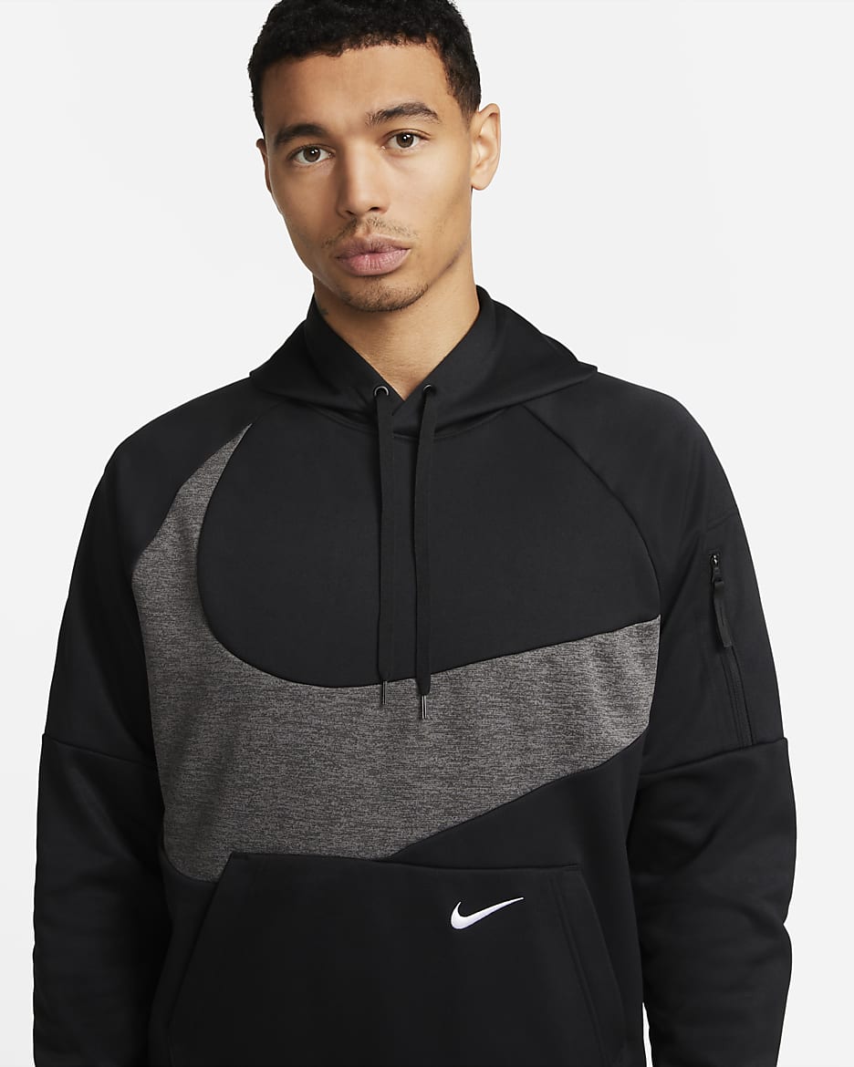 Nike Therma-FIT Men's Pullover Fitness Hoodie - Black/Black/Charcoal Heather/White