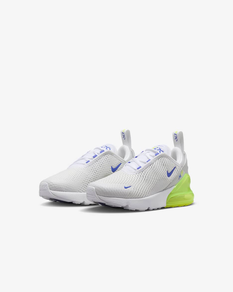 Tenis para niños de preescolar Nike Air Max 270 - Blanco/Volt/Polvo fotón/Azul astronómico