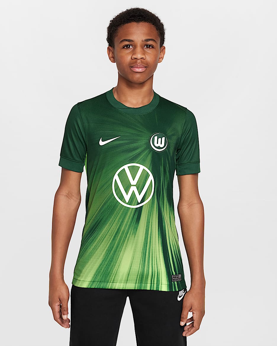 Haut de foot à manches courtes Replica Nike Dri-FIT VfL Wolfsburg 2025/2026 Stadium Domicile pour ado - Gorge Green/Blanc