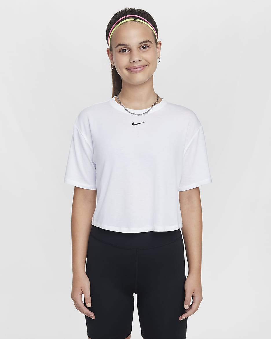 Nike One Relaxed Big Kids' (Girls') Dri-FIT Short-Sleeve Top - White/Black