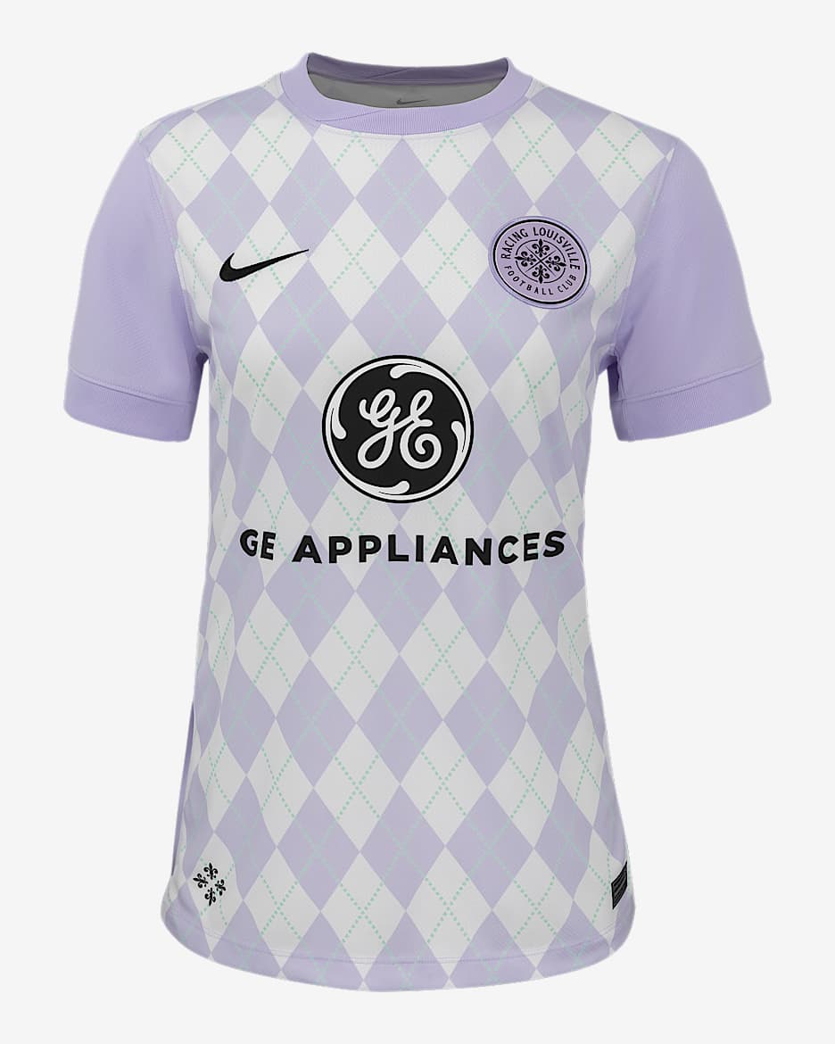 Jersey Nike Dri-FIT de la NWSL Replica para mujer Racing Louisville FC 2025 Stadium Home - Bruma lavanda/Blanco