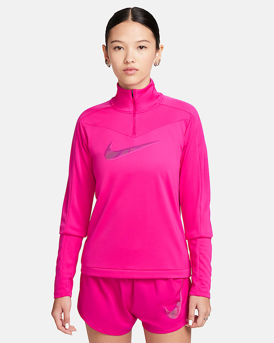 ナイキ Dri-FIT スウッシュ ウィメンズ 1/4ジップ ランニングトップ - ファイヤーベリー/パープルインク