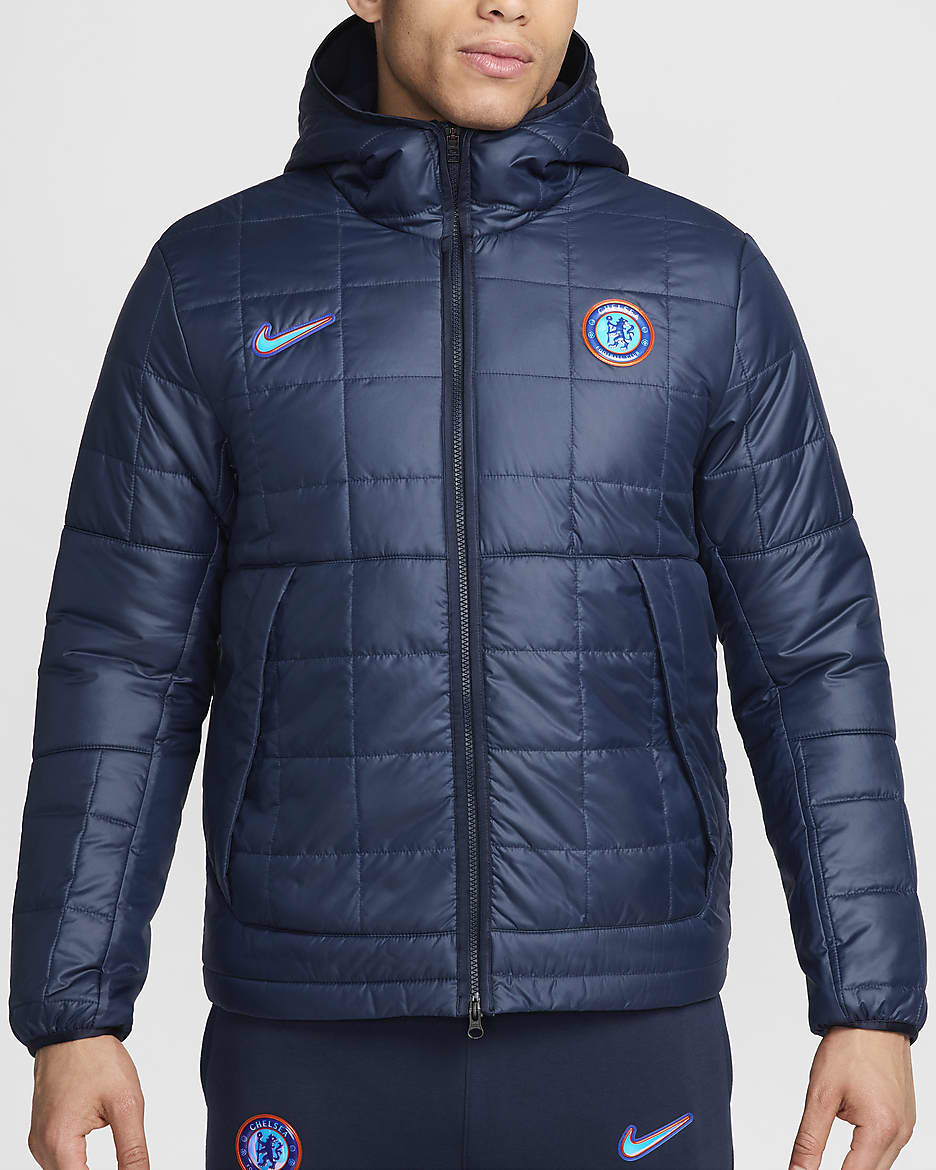 Chelsea F.C. Men's Nike Fleece-Lined Hooded Jacket - Obsidian/White