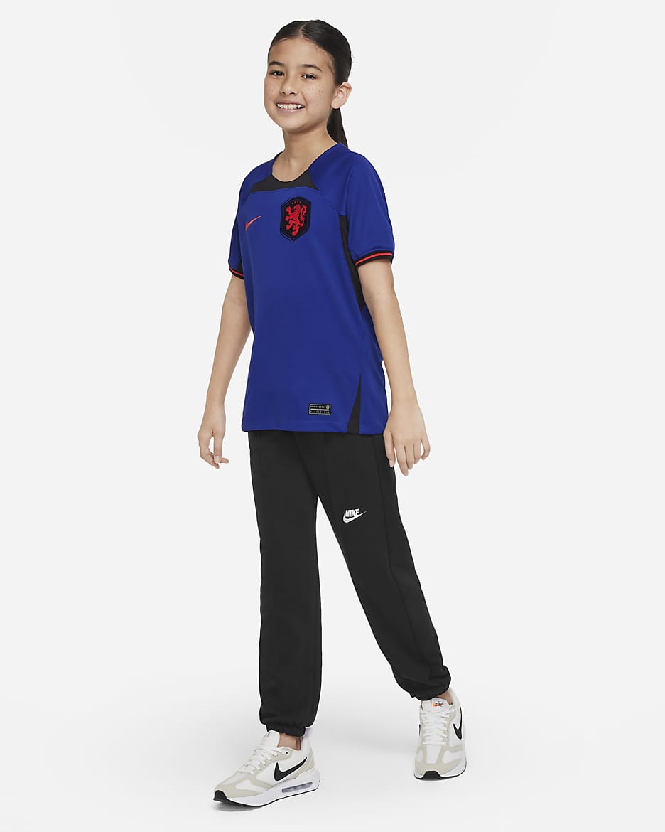 Jersey de fútbol Nike Dri-FIT de Países Bajos visitante 2022/23 Stadium para niños talla grande - Azul royal intenso/Negro/Rojo habanero