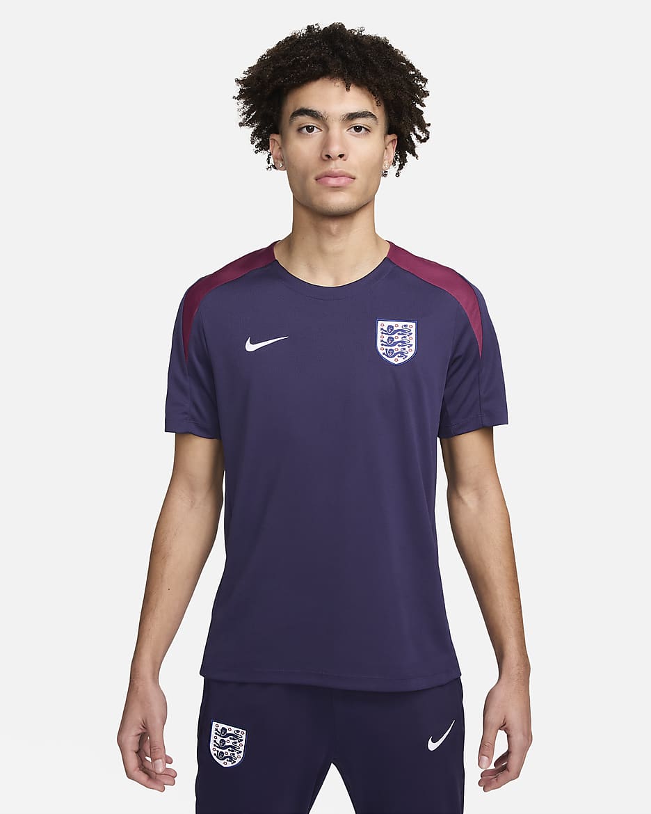 England Strike Nike Dri-FIT kortermet strikket fotballoverdel til herre - Purple Ink/Rosewood/Hvit