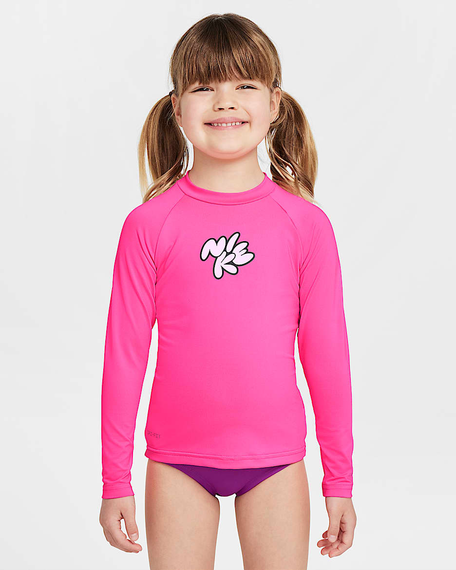 Playera de manga larga Nike Swim Hydroguard para niñas talla pequeña - Hiperrosa/Espuma rosa