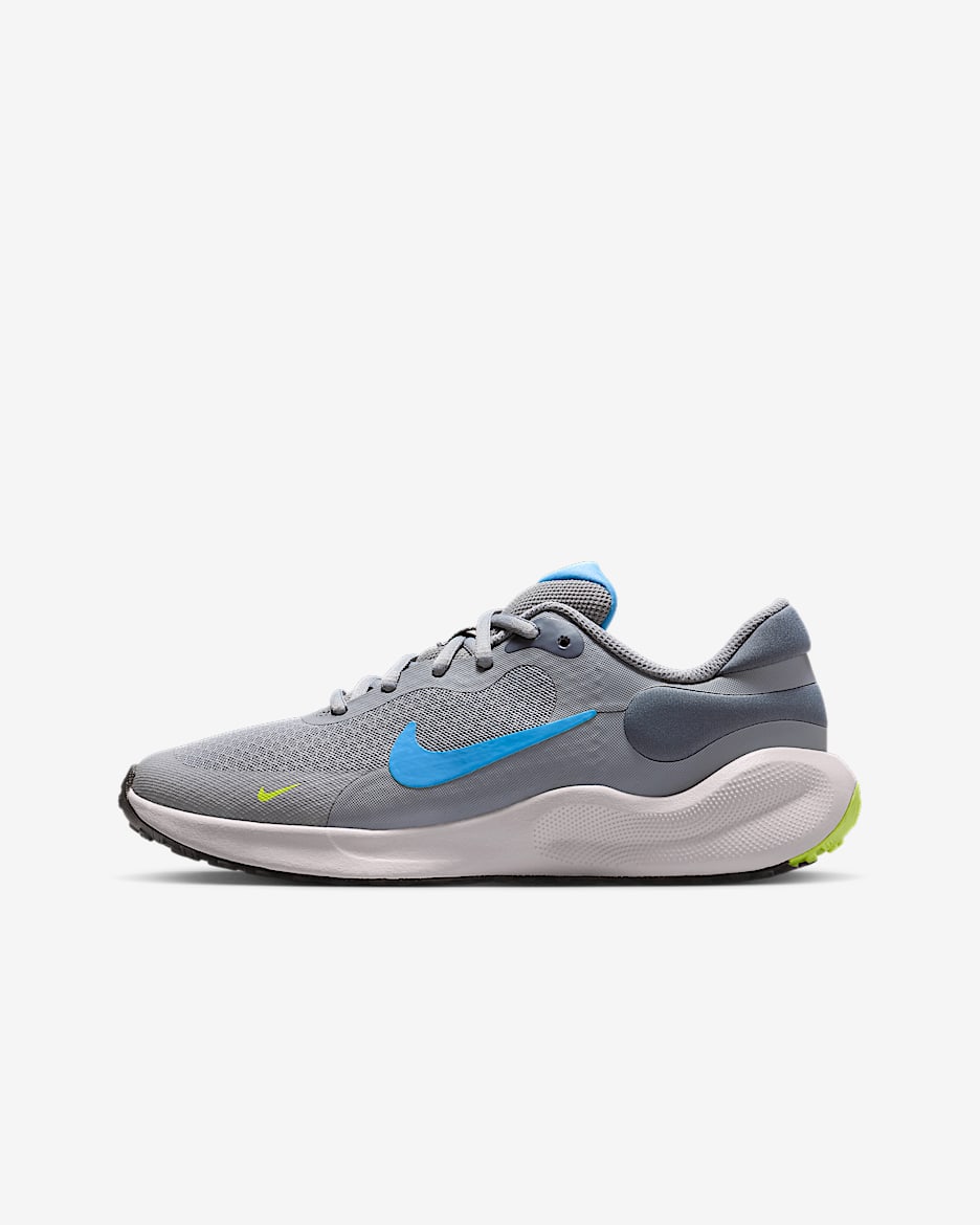 Tenis de correr en pavimento para niños grandes Nike Revolution 7 - Gris cemento/Carbón claro/Volt/Azul universitario