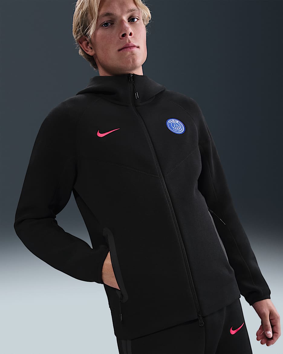 Paris Saint-Germain Tech Windrunner Men's Nike Total 90 Football Fleece Hoodie - Black/Global Red