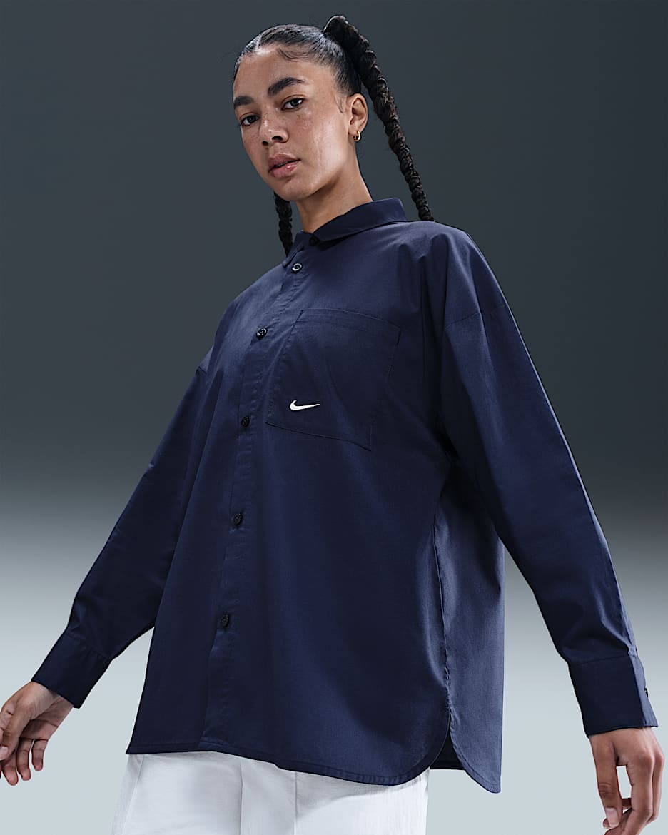 Nike Sportswear Chill Poplin Women's Loose Long-Sleeve Button-Down Top - Midnight Navy/Sail
