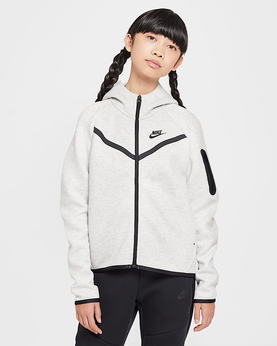 Nike Sportswear Tech Fleece Girls' Full-Zip Hoodie - Light Grey/Heather/Black/Black