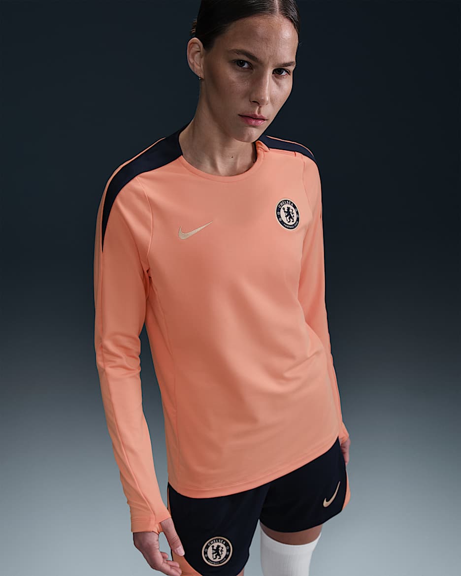 Chelsea F.C. Strike Special Edition Women's Nike Dri-FIT Knit Crew-Neck Top - Apricot Agate/Obsidian/Guava Ice
