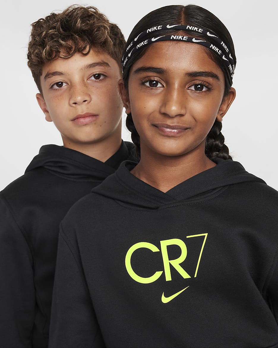 CR7 Club Fleece-fodboldhættetrøje til større børn - sort/Volt