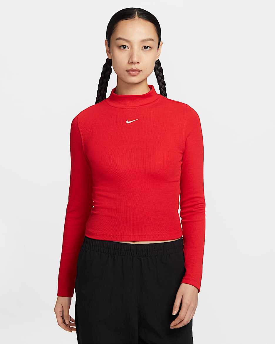 ナイキ スポーツウェア エッセンシャル ウィメンズ リブ モックネック ロングスリーブ トップ - ユニバーシティレッド/ヘザー/セイル