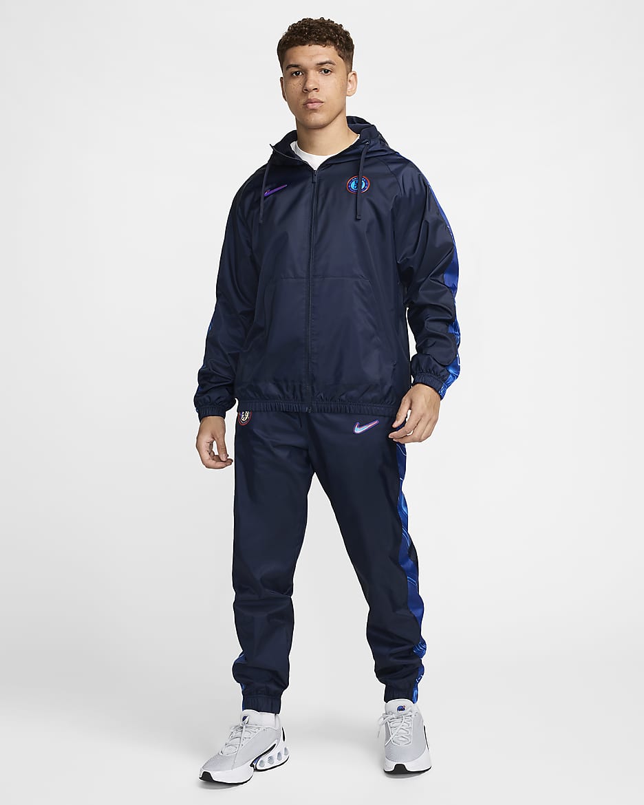 Chelsea F.C. Men's Nike Football Hooded Woven Tracksuit - Obsidian/Obsidian/White