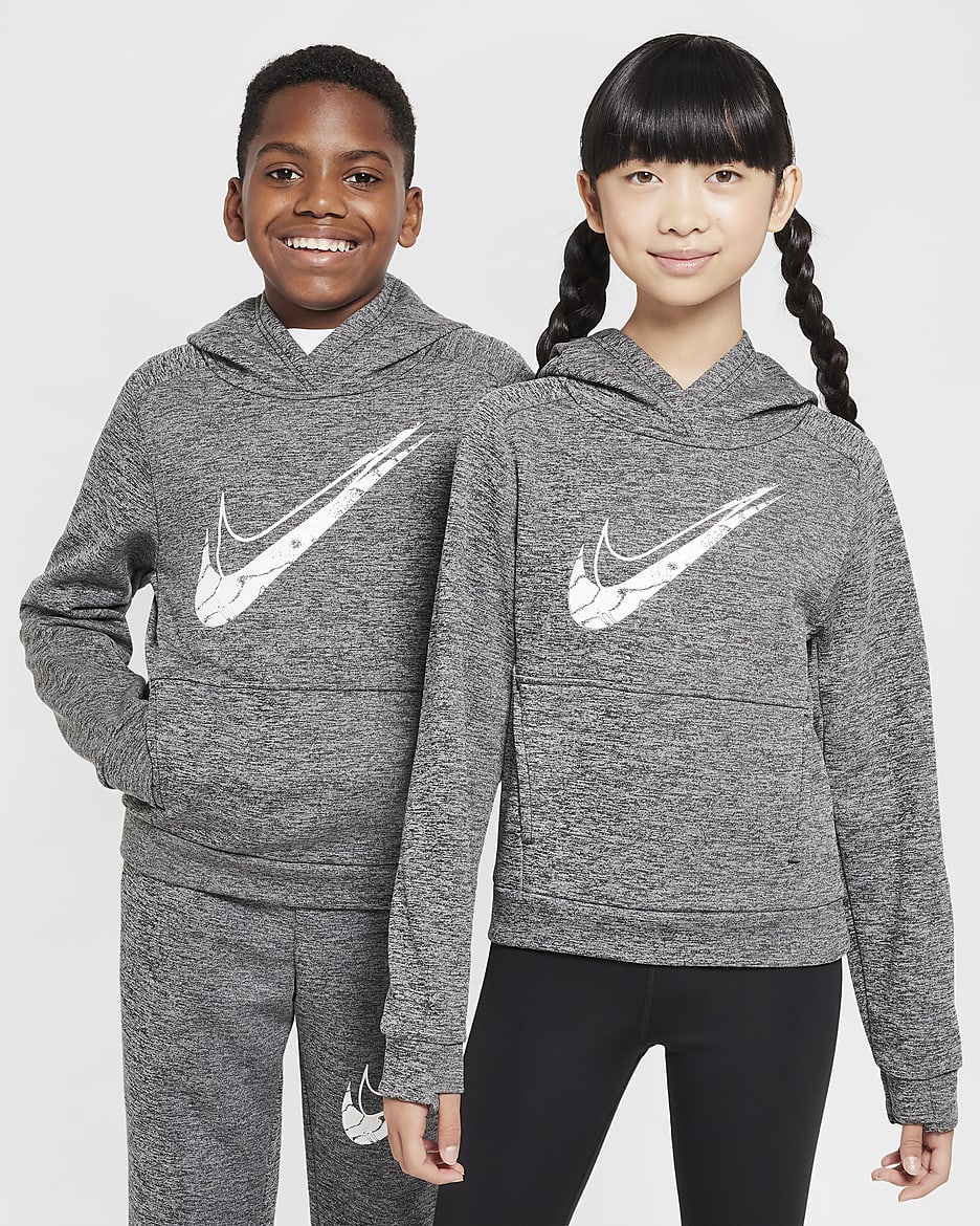 Nike Multi Stain Repel Older Kids' Therma-FIT Hoodie - Black/Light Smoke Grey/Heather/White