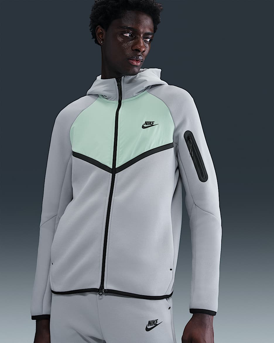 Nike Tech Windrunner-Jacke aus Fleece mit durchgehendem Reißverschluss (Herren) - Wolf Grey/Mint Foam/Schwarz