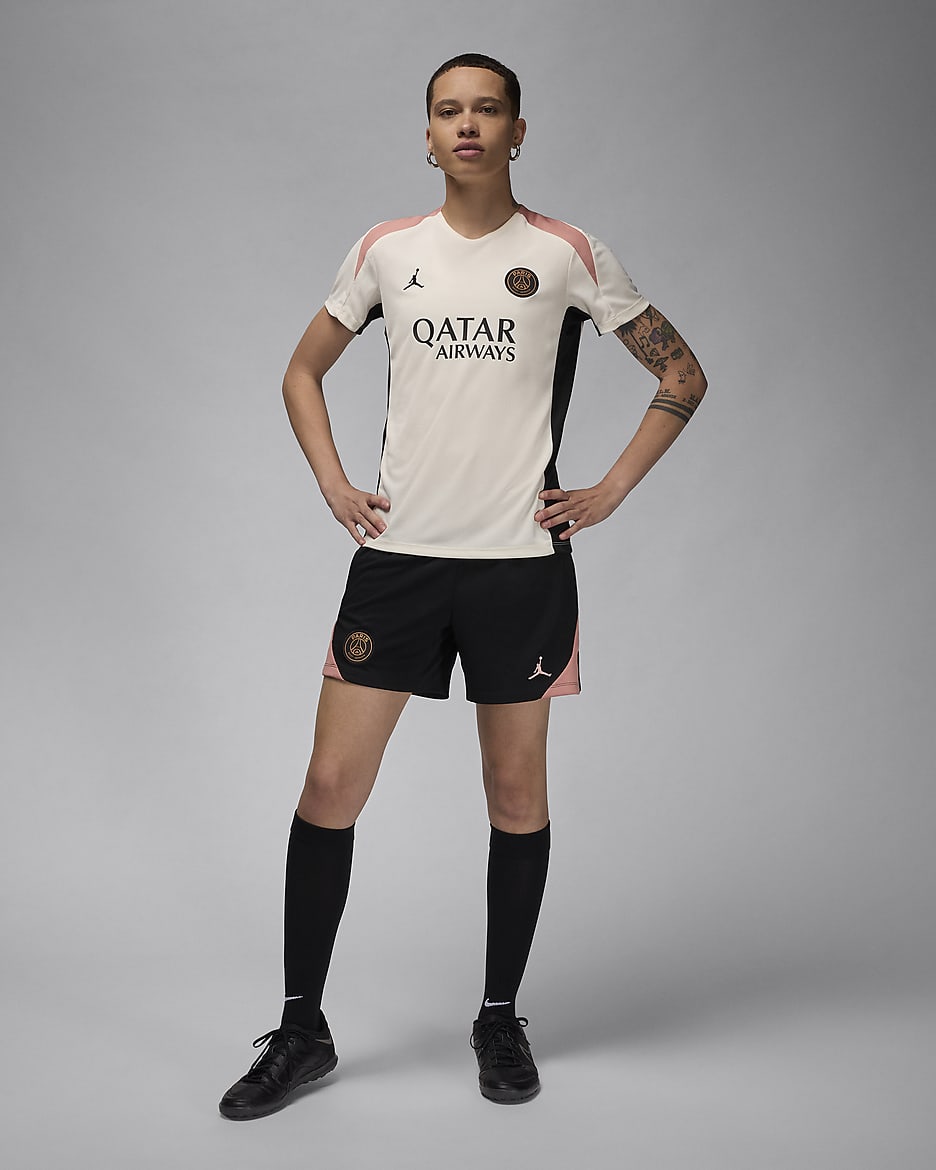 Damskie dzianinowe spodenki piłkarskie Jordan Dri-FIT Paris Saint-Germain Strike (wersja trzecia) - Czerń/Rust Pink/Rust Pink