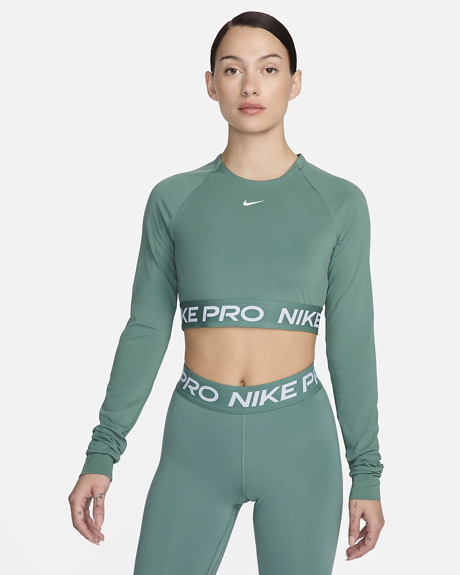 Haut court à manches longues Dri-FIT Nike Pro pour femme - Bicoastal/Blanc