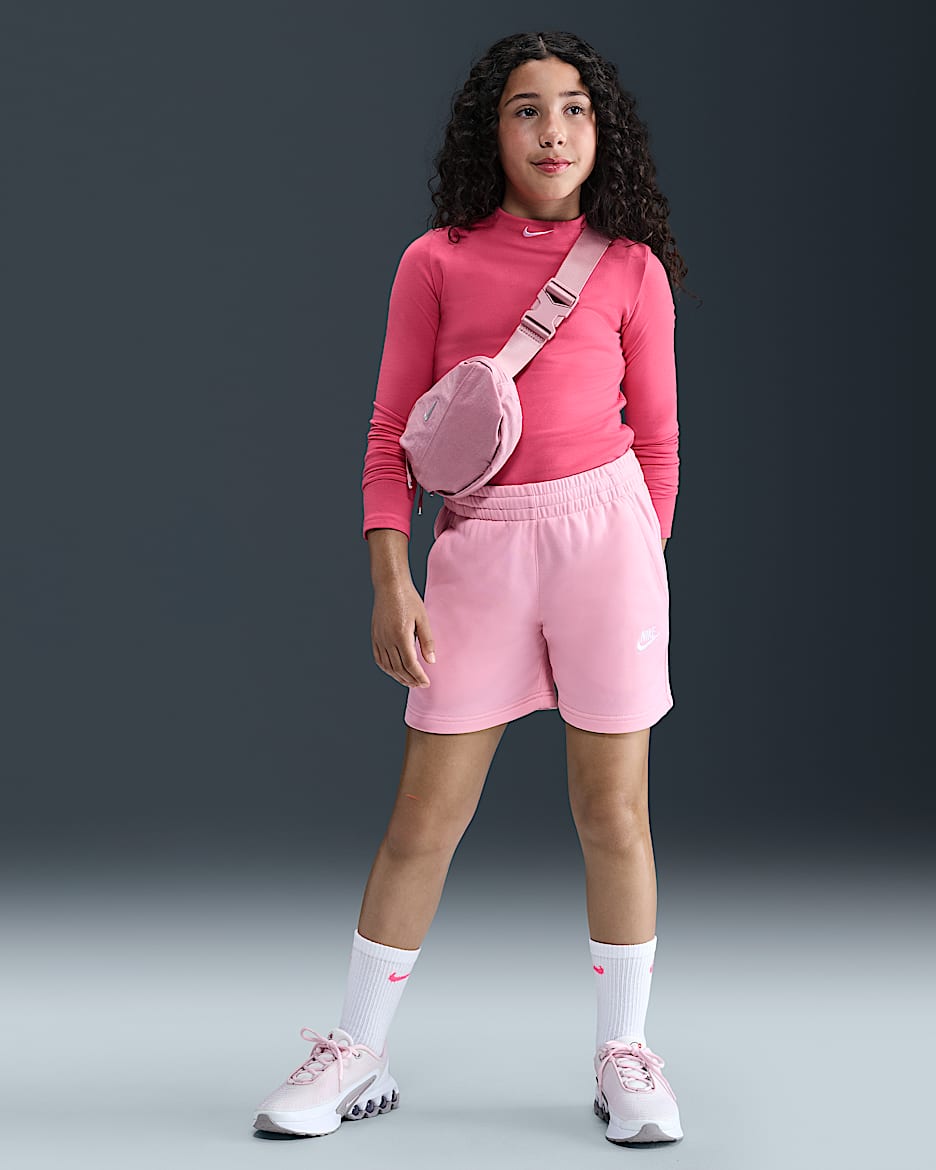 Nike Sportswear Club Fleece Older Kids' (Girls') 13cm (approx.) French Terry Shorts - Medium Soft Pink/Medium Soft Pink/White