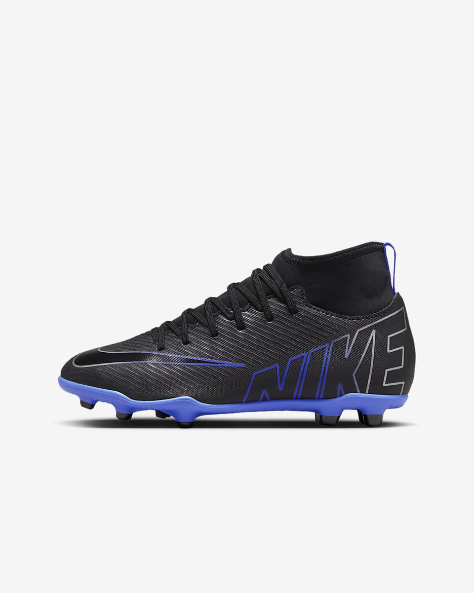 Nike Jr. Mercurial Superfly 9 Club Tacos de fútbol de corte high para terrenos múltiples para niños de preescolar y grandes - Negro/Hiperroyal/Cromo