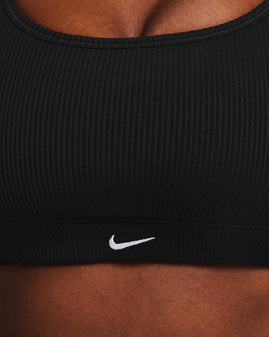 Bra deportivo de tela de canalé con forro ligero de baja sujeción para mujer Nike Alate All U - Negro/Negro/Blanco