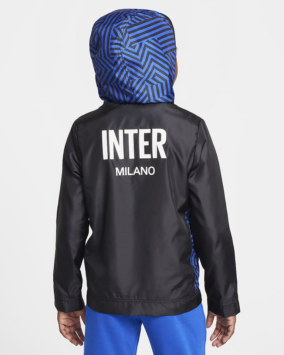 Inter Milan Amplify Windrunner Home Older Kids' (Boys') Nike Football Anorak Jacket - Black/Lyon Blue/White