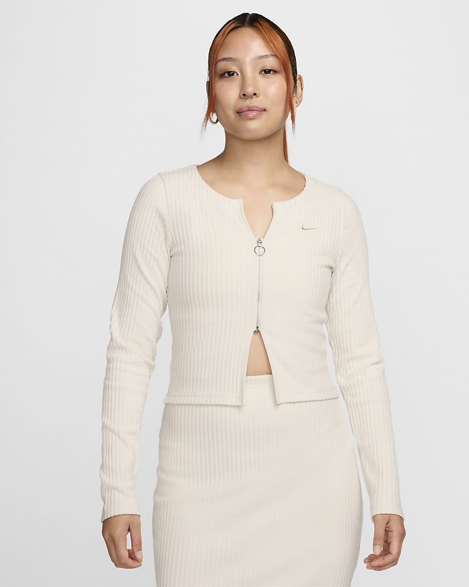 Nike Sportswear Chill Rib Women's Slim Full-Zip Cardigan - Light Orewood Brown/Light Orewood Brown