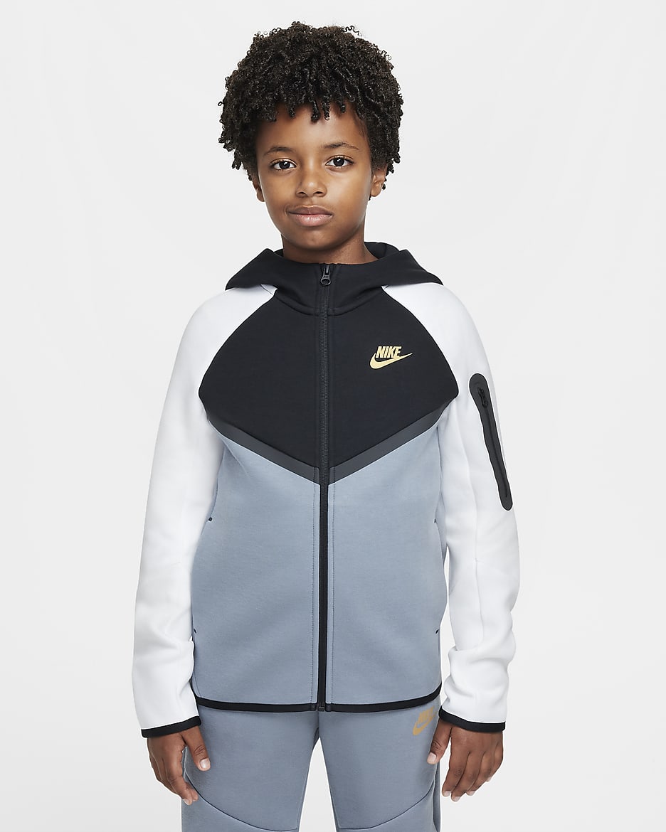 Nike Sportswear Tech Fleece Big Kids' Full-Zip Hoodie - Cool Grey/Black/White/Metallic Gold