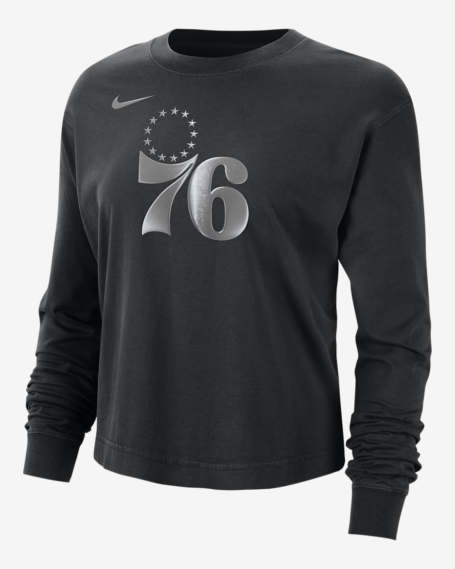Playera de manga larga Nike de la NBA con brillo de corte cuadrado para mujer Philadelphia 76ers Courtside - Negro