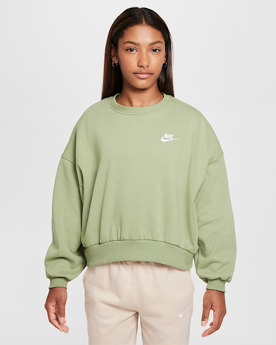 Nike Sportswear Club Fleece Girls' Boxy Crew-Neck Sweatshirt - Oil Green/White