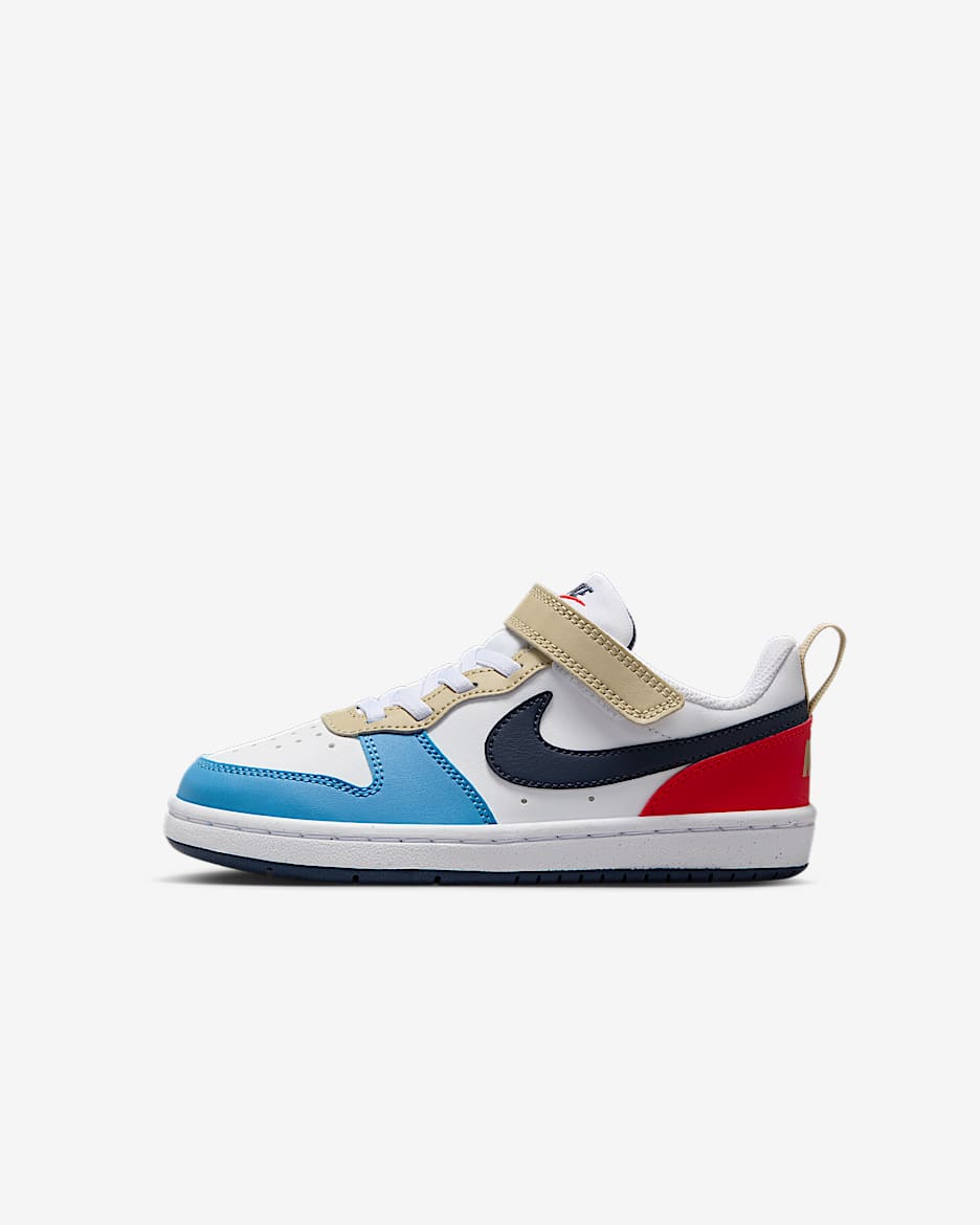 Calzado para niños de preescolar Nike Court Borough Low Recraft - Blanco/Carmesí claro/Azul extremo/Trueno azul