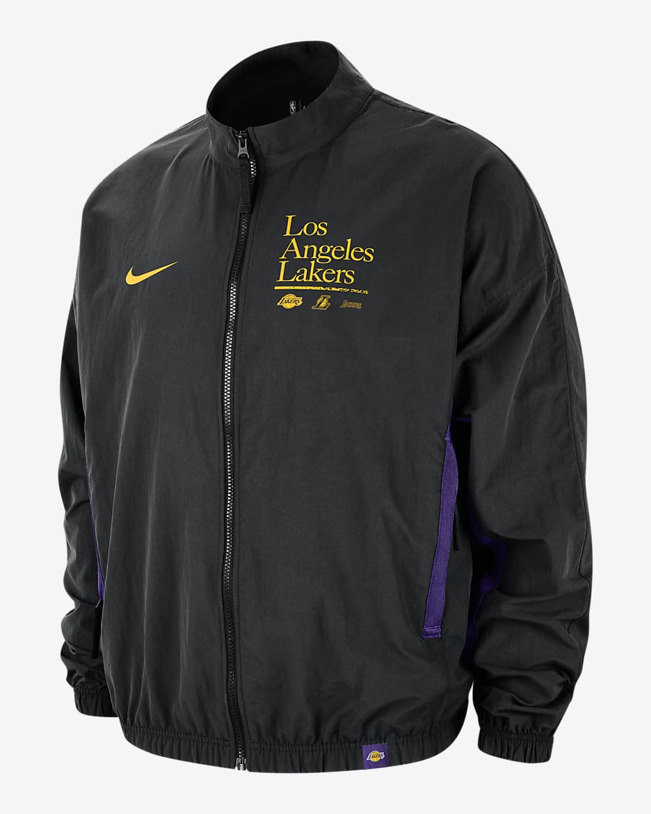 Chamarra Nike de tejido Woven de la NBA con gráfico para hombre Los Angeles Lakers DNA Courtside - Negro/Morado campo/Amarillo
