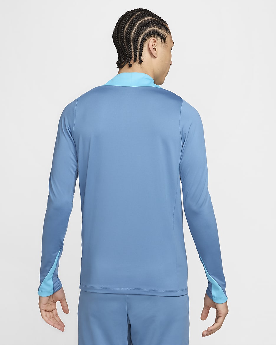 Camisola de treino de futebol com fecho até meio Dri-FIT Nike Strike para homem - Aegean Storm/Azul Baltic/Branco