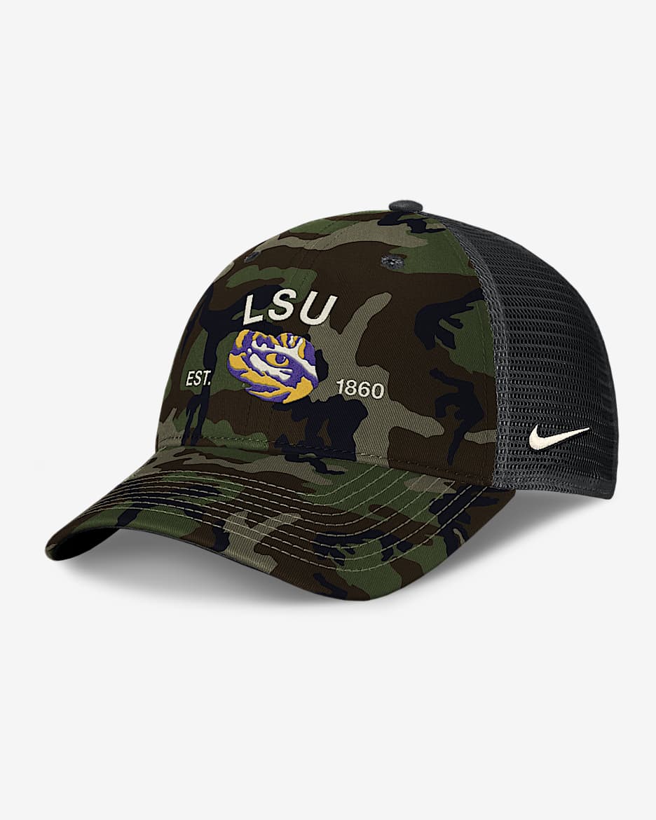 LSU 2025 Military Appreciation Rise Men's Nike College Trucker Adjustable Hat - Olive