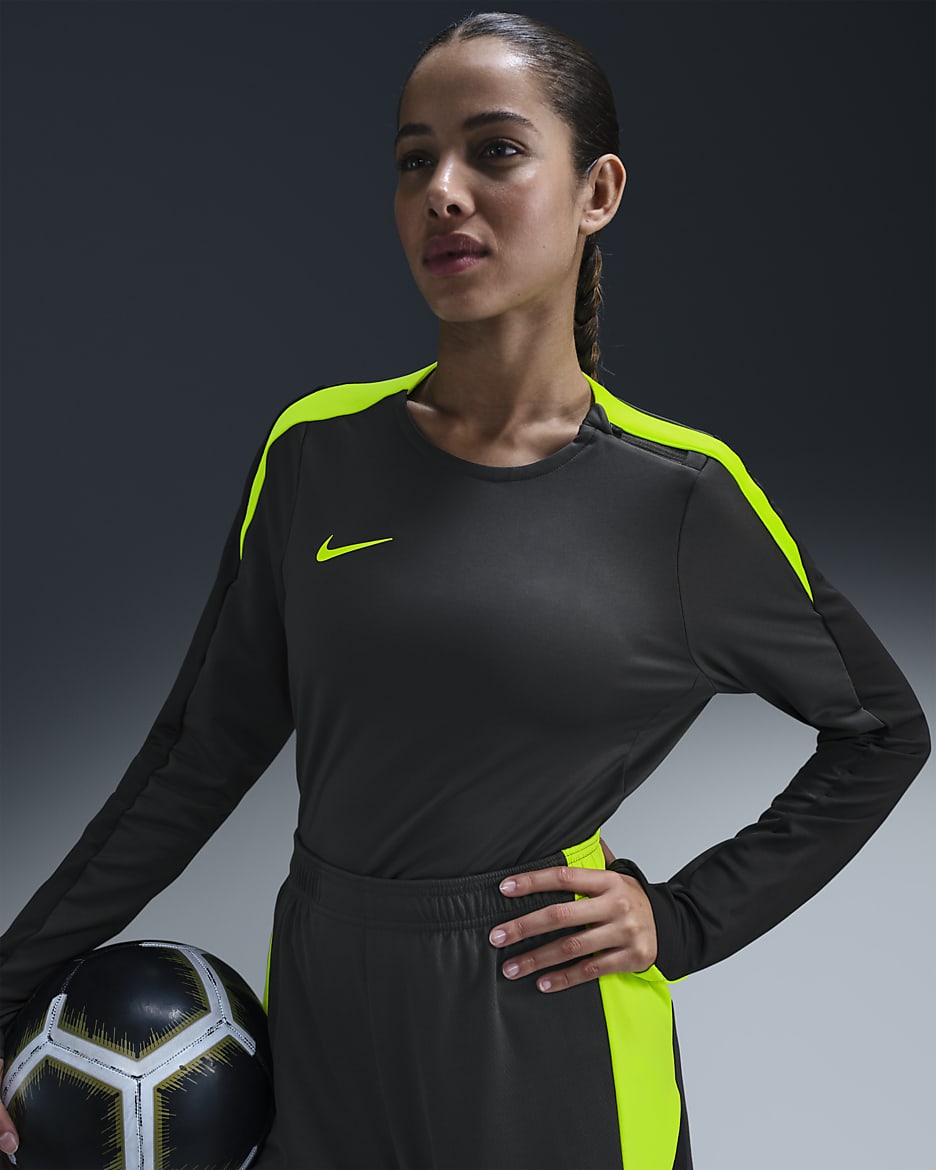 Damska koszulka piłkarska z półokrągłym dekoltem Dri-FIT Nike Strike - Anthracite/Volt/Czerń/Volt