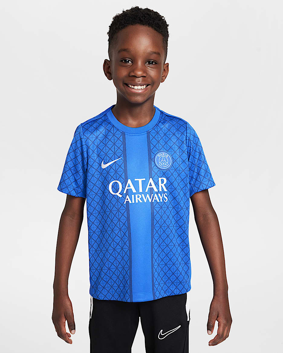 Paris Saint-Germain Academy Pro Home Younger Kids' Jordan Dri-FIT Football Pre-Match Short-Sleeve Top - Hyper Royal/Midnight Navy/White