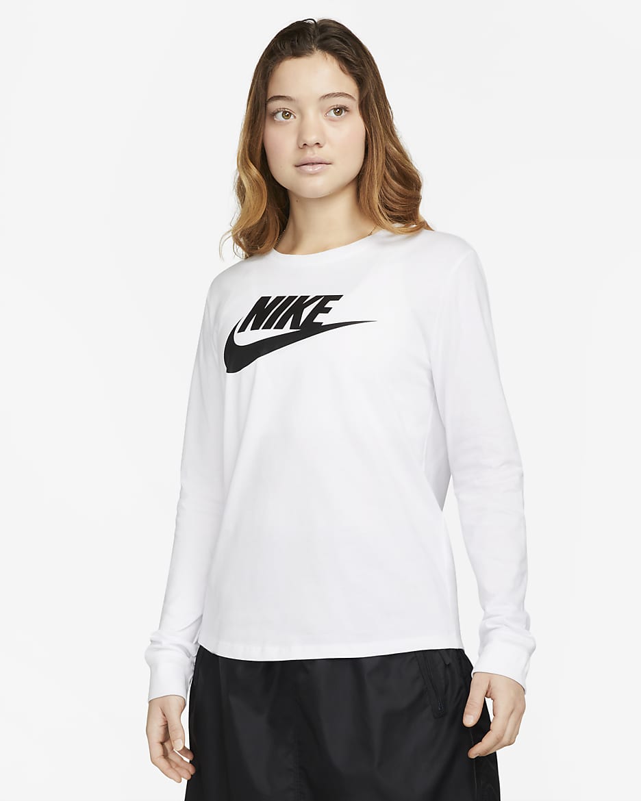 ナイキ スポーツウェア エッセンシャル ウィメンズ ロングスリーブ ロゴ Tシャツ - ホワイト/ブラック