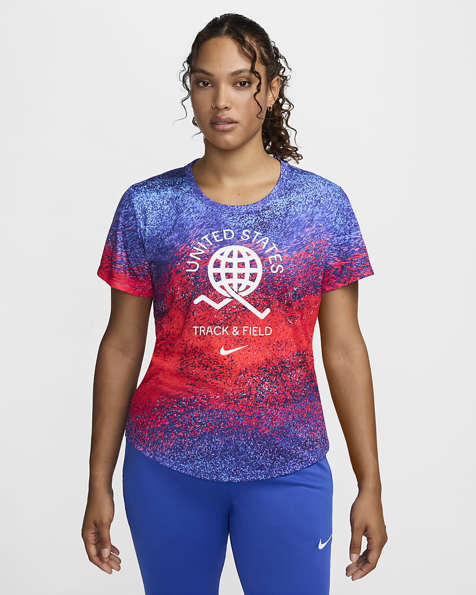 USA One Women's Nike Dri-FIT Running Short-Sleeve Top - Bright Crimson/Old Royal/Baltic Blue/White