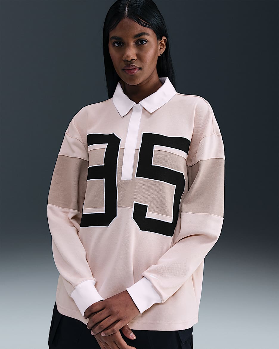 Nike Sportswear Women's Long-Sleeve Graphic Polo Top - Silt Red/Malt/White/Sail