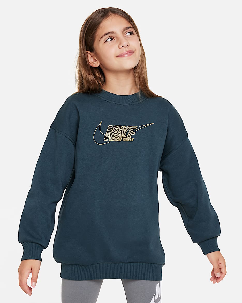 Nike Sportswear Club Fleece Sweatshirt mit Rundhalsausschnitt für ältere Kinder (Mädchen) - Deep Jungle/Metallic Gold