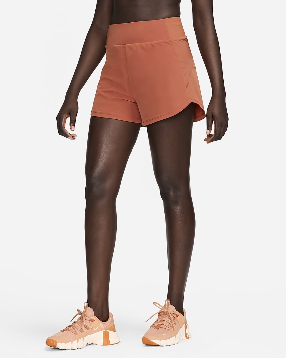 Nike Bliss treningsshorts med Dri-FIT, høyt liv og innershorts til dame (8 cm) - Burnt Sunrise