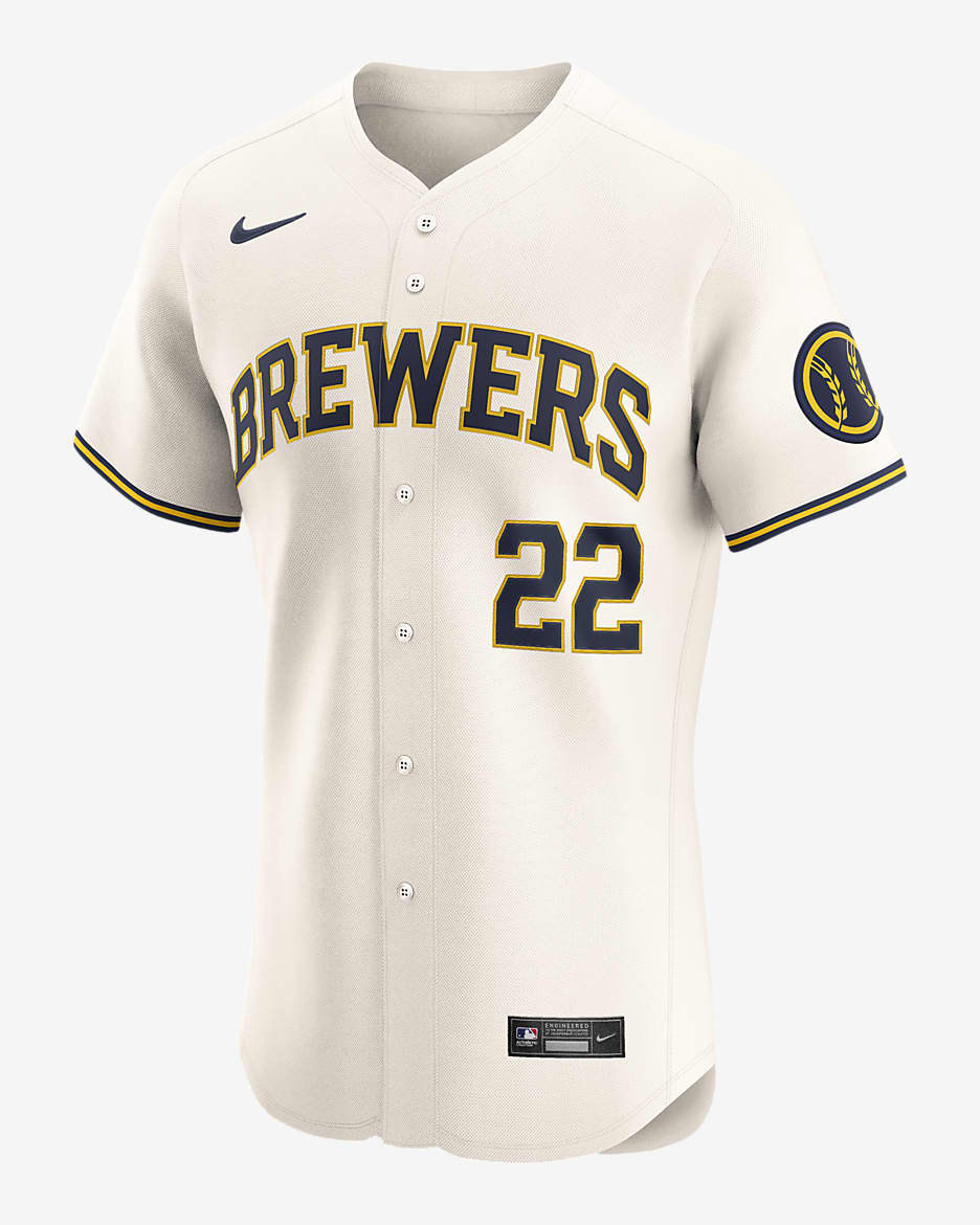 Jersey Nike Dri-FIT ADV de la MLB Elite para hombre Christian Yelich Milwaukee Brewers - Crema