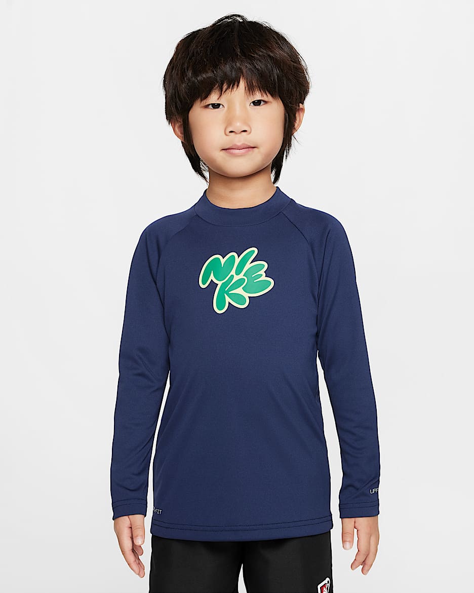 Playera de manga larga para niños talla pequeña Nike Swim Hydroguard - Azul marino medianoche/Verde estadio/Voltio ligero/Blanco