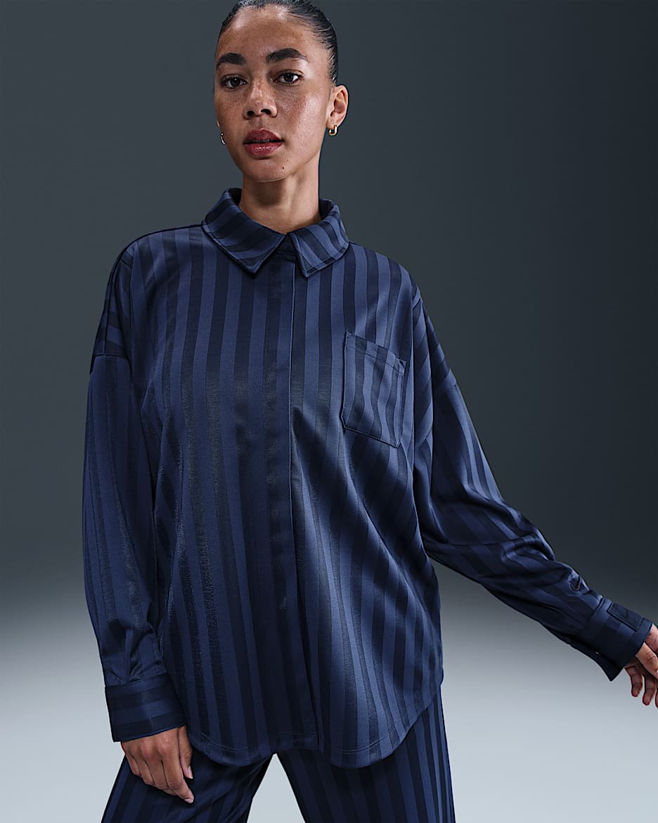 Nike Sportswear Women's Oversized Jacquard Striped Button-Down Shirt - Midnight Navy/Obsidian