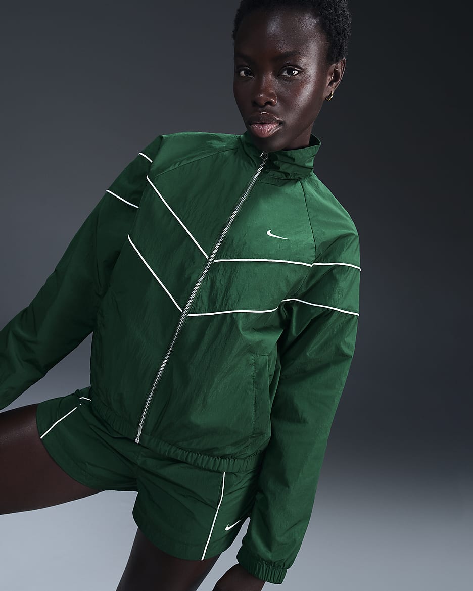 Chamarra de tejido Woven holgada de cierre completo con protección UV para mujer Nike Windrunner - Verde desfiladero/Vela